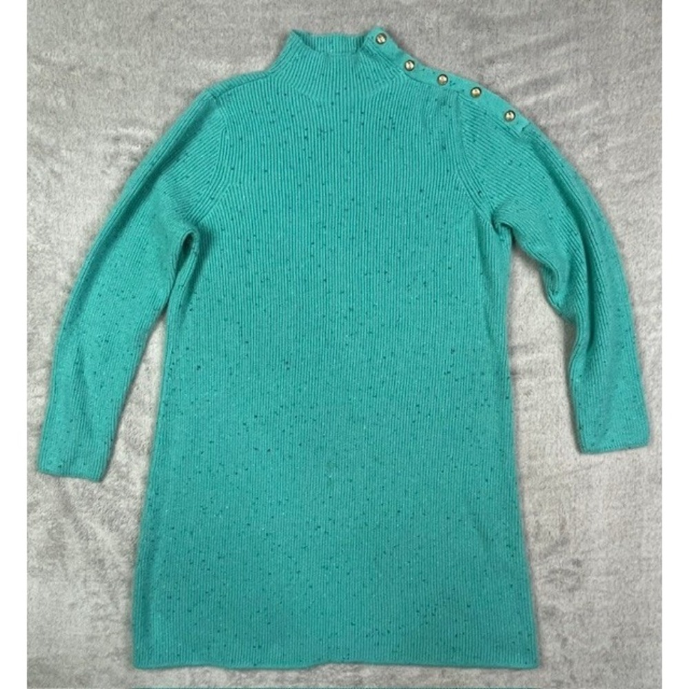 Talbots Teal Space Dye Mock Neck Sweater Large Gold Shoulder Buttons Pullover L